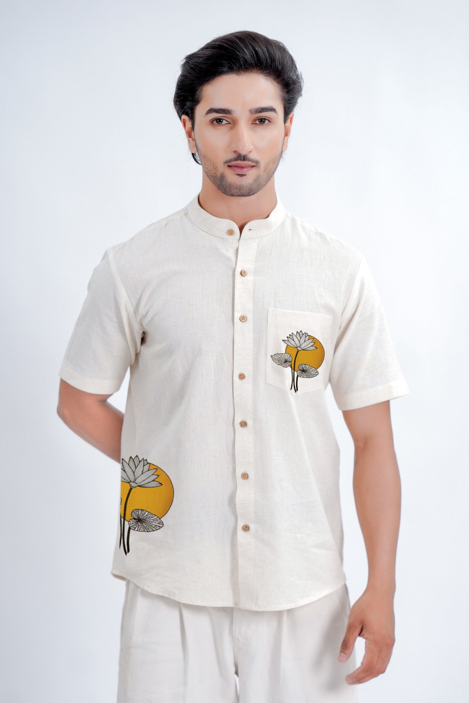 yellow moon lotus linen cotton shirt