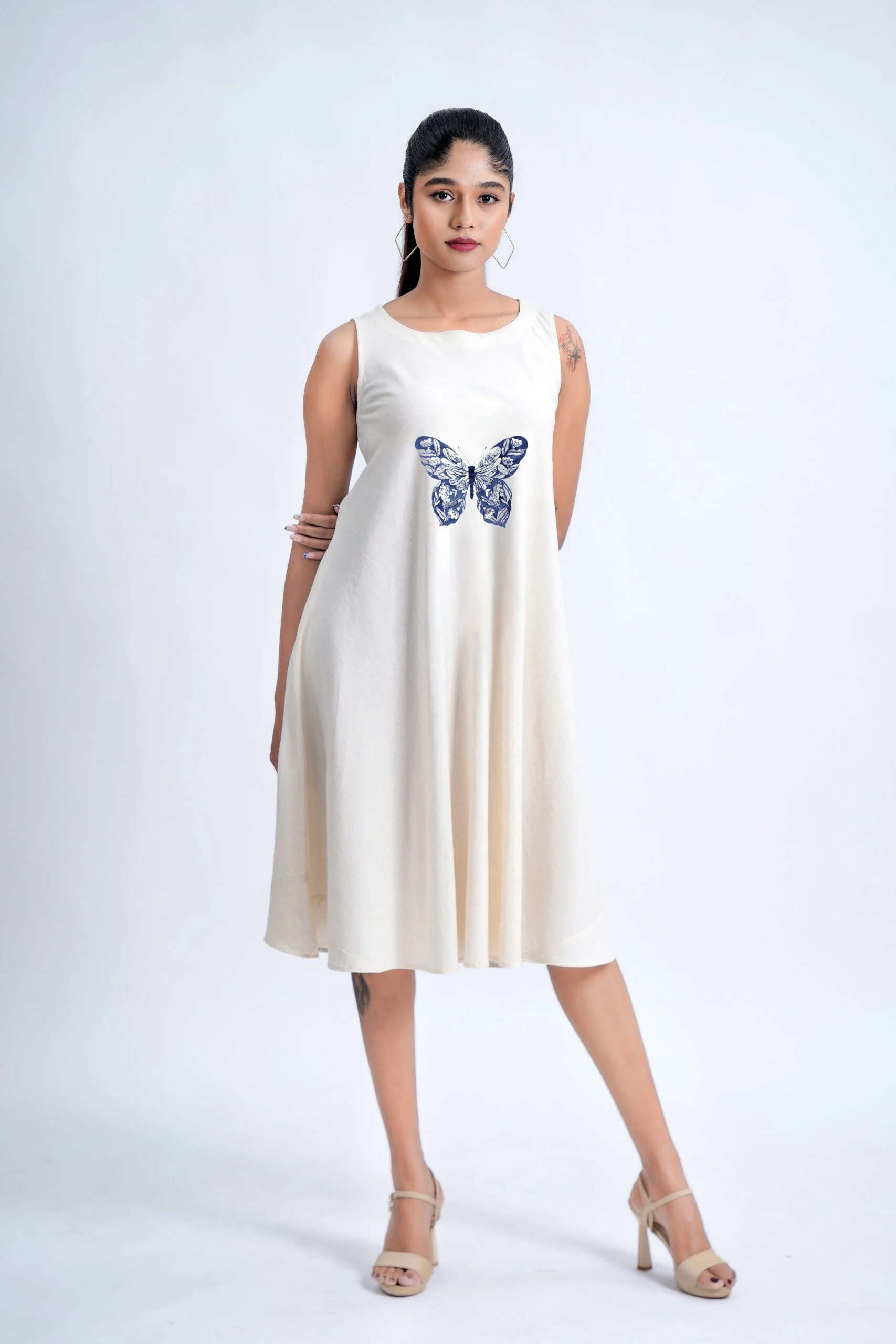 LINEN COTTON DRESS WITH INDIGO BUTTERFLY MOTIF