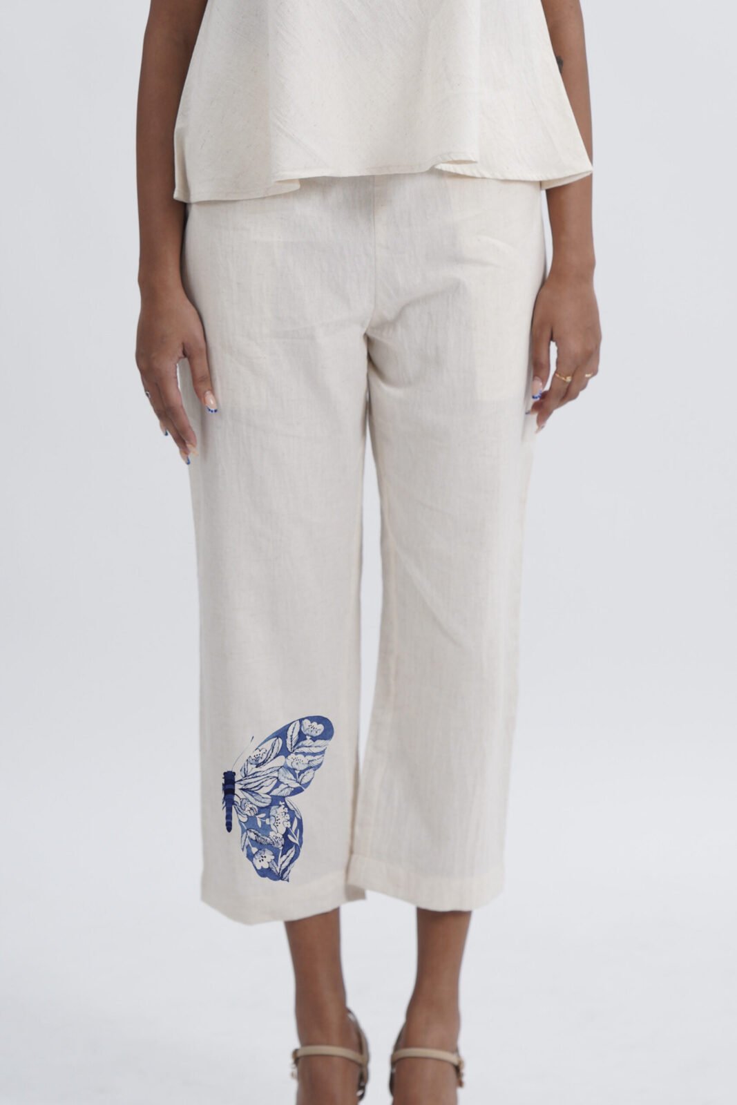 LINEN COTTON WOMENS PANT WITH INDIGO BUTTERFLY MOTIF