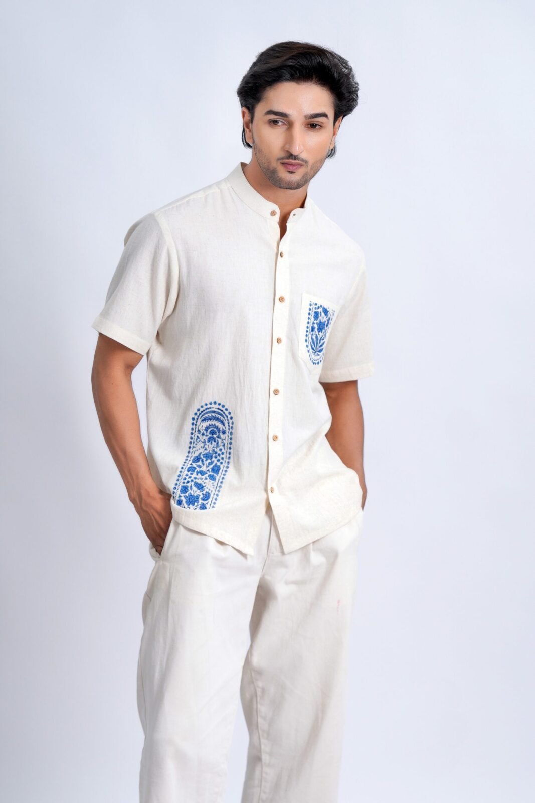 LINEN COTTON SHIRT WITH INDIGO ARK MOTIF