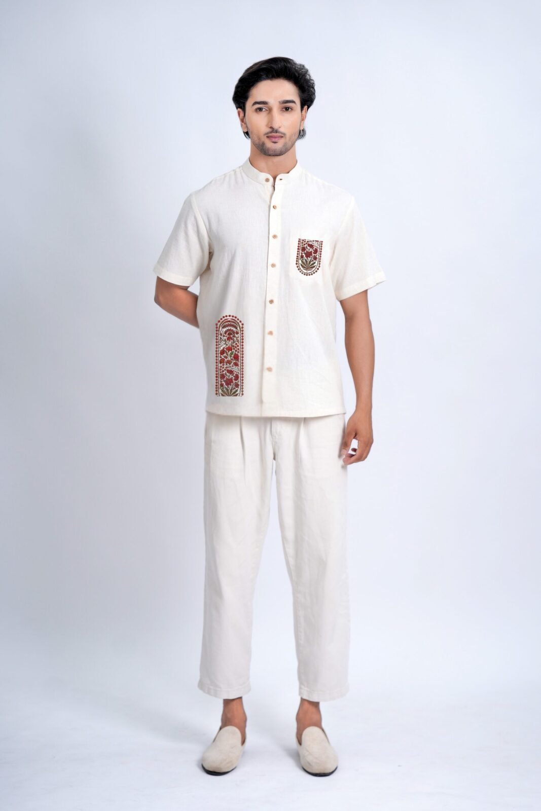 LINEN COTTON SHIRT WITH RED ARCH MOTIF