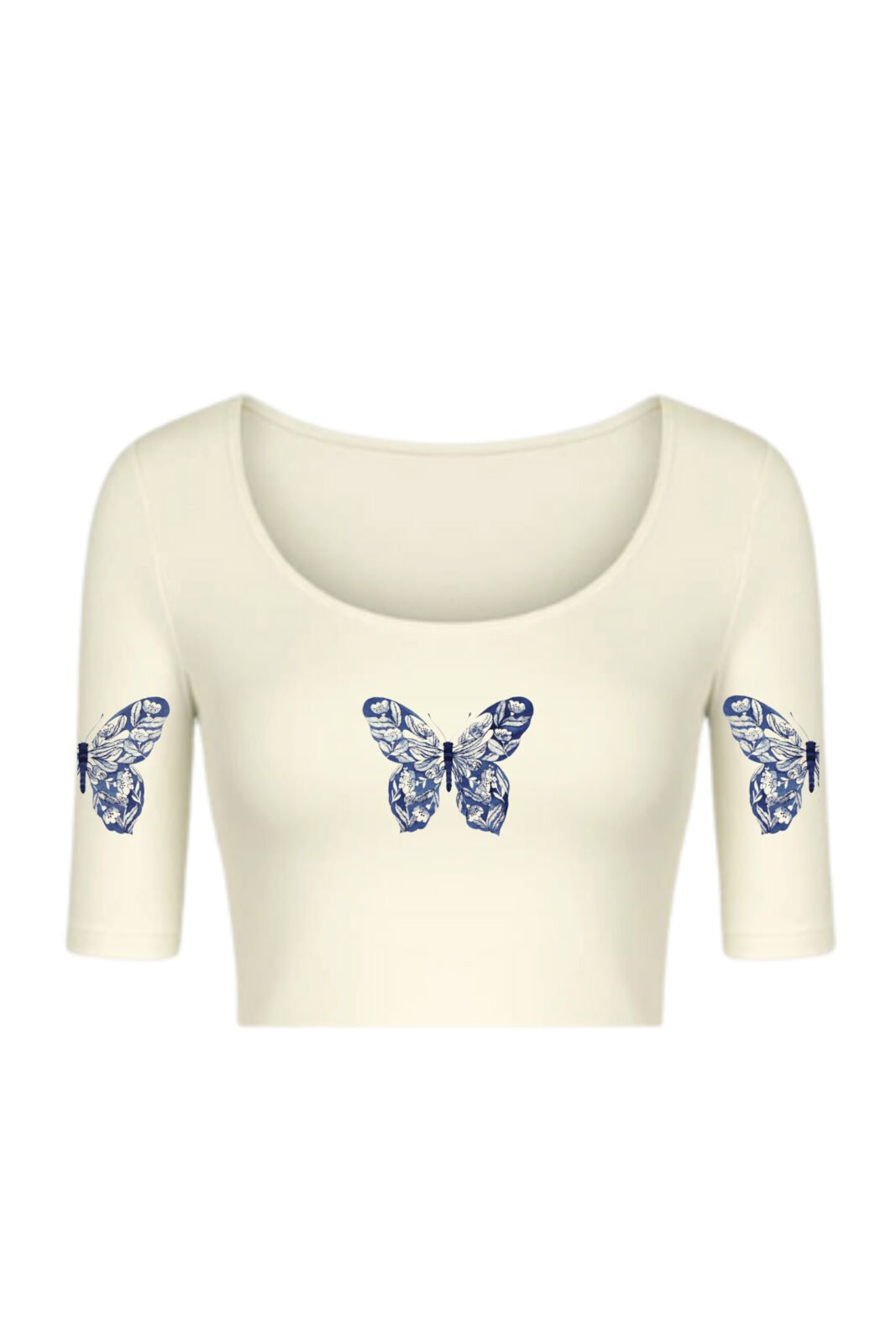 KNITTED COMFY STRETCHABLE BLOUSE WITH INDIGO BUTTERFLY MOTIF