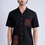 black linen cotton shirt with red arch motif