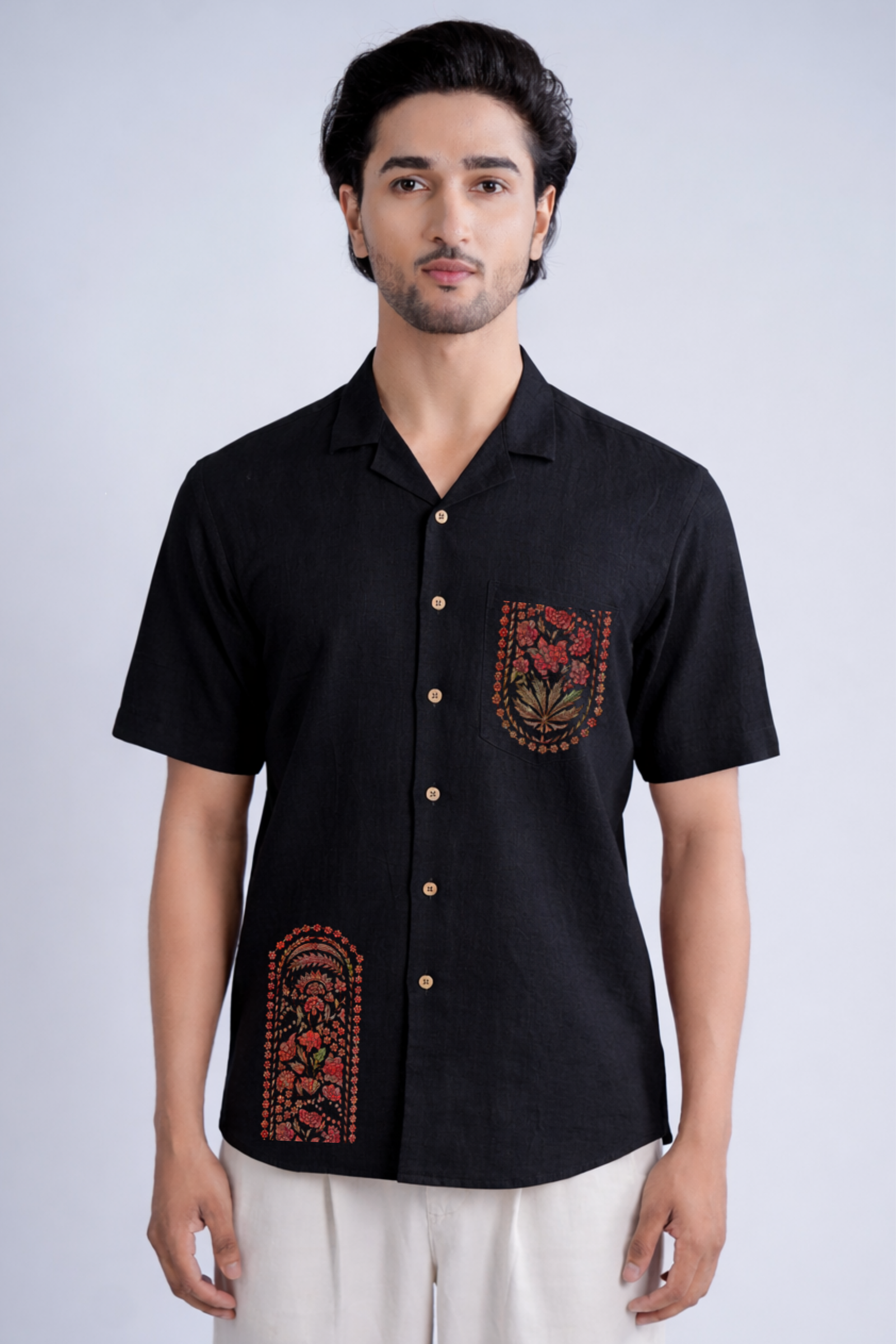 LINEN COTTON SHIRT BLACK WITH RED ARCH MOTIF