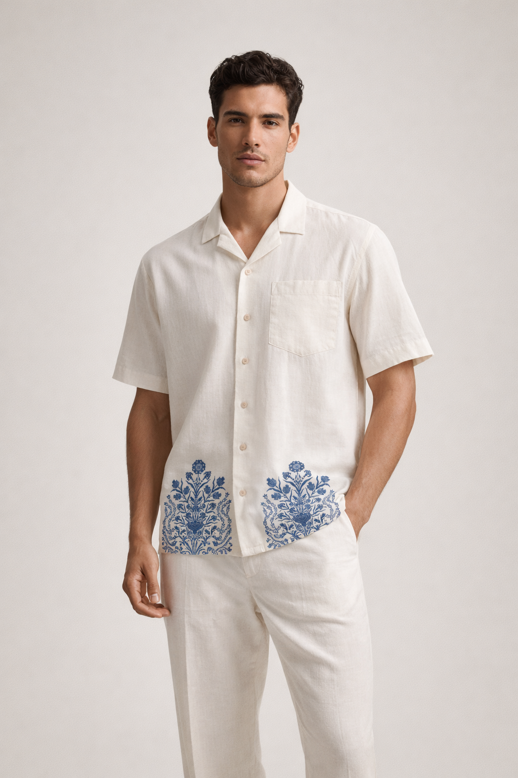 indigo flower vase shirt linen cotton