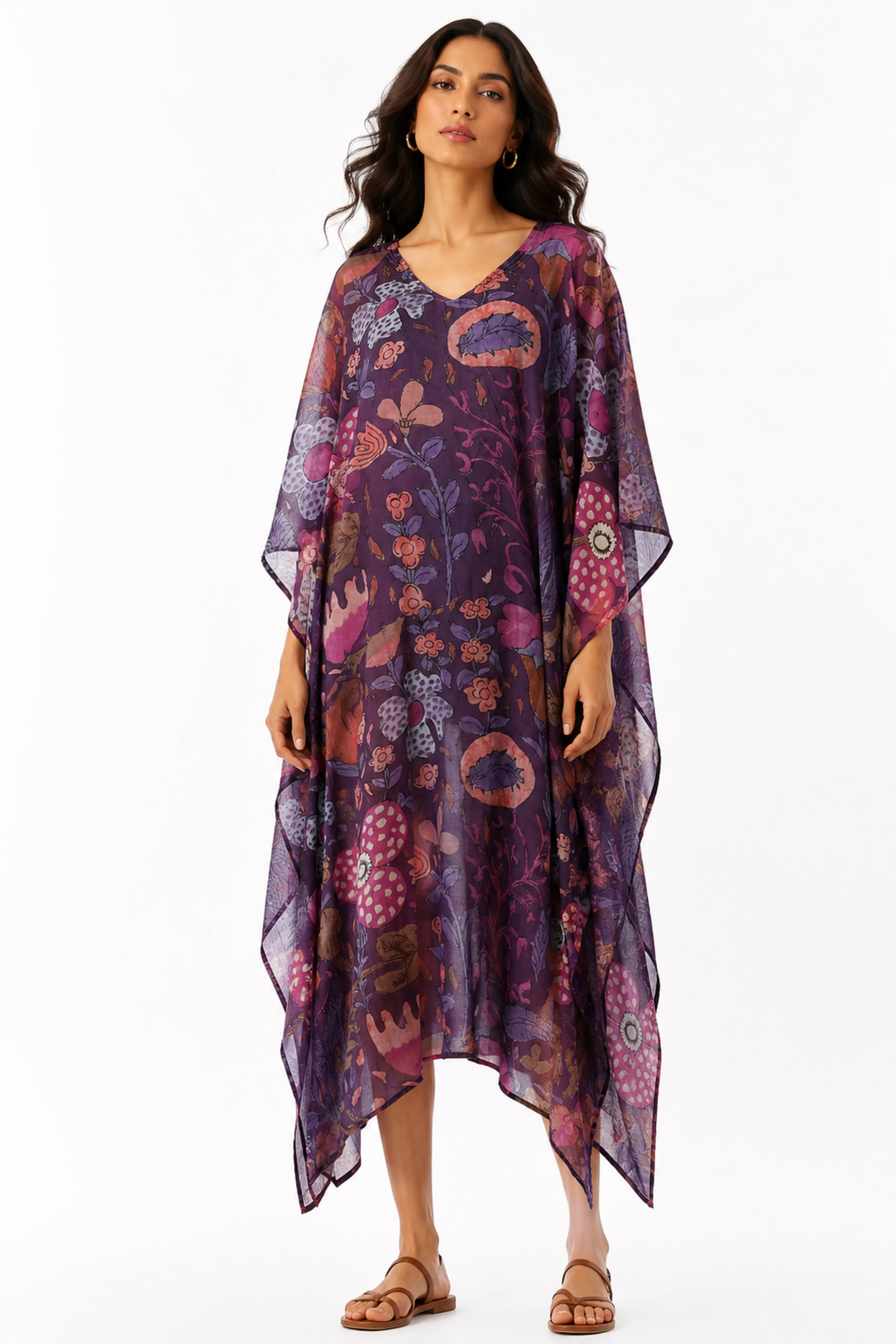 MUSLIN SILK FLORAL KAFTAN PURPLE